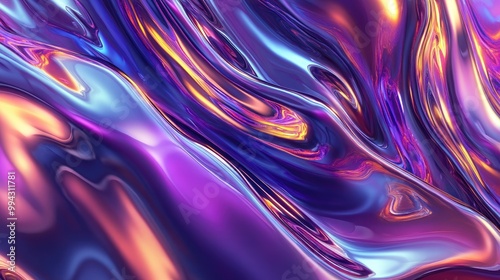 3D render featuring an abstract background with iridescent holographic foil metallic texture ultraviolet wavy design fluid ripples and a vibrant liquid metal surface in an esoteric color spectrum