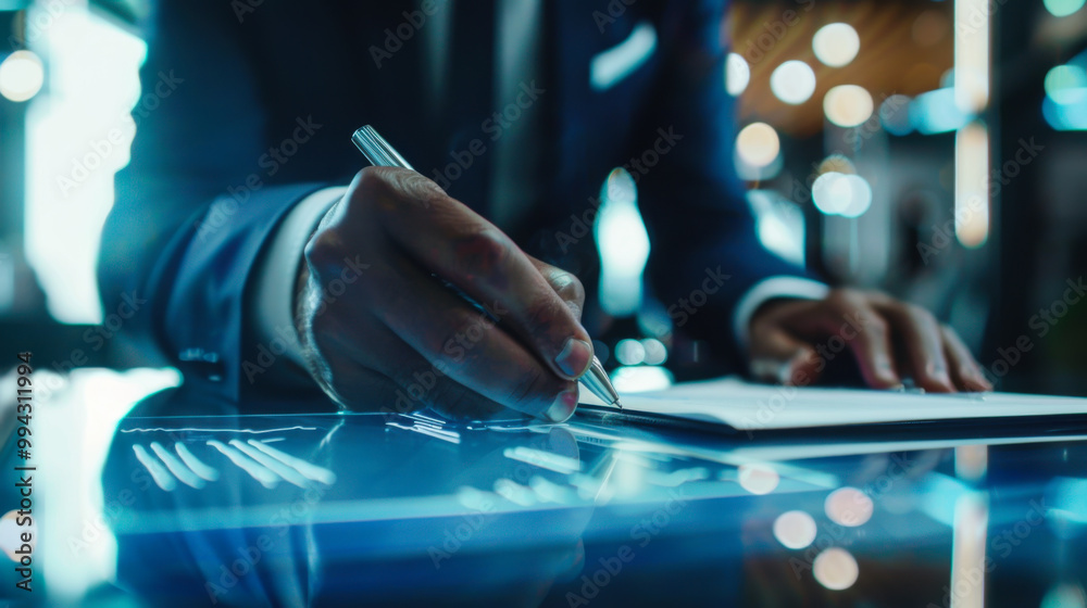 A businessman signing a contract at a modern office with bright lights during the day A businessman signing a contract at a modern office with bright lights during the day