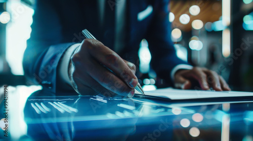 A businessman signing a contract at a modern office with bright lights during the day