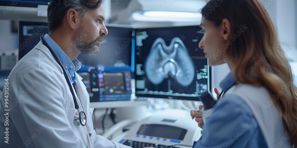 Medical Professionals Discussing Brain Scan Results in a Hospital, Doctors Analyzing Neurological Imaging for Diagnosis Medical Professionals Discussing Brain Scan Results in a Hospital, Doctors Analyzing Neurological Imaging for Diagnosis