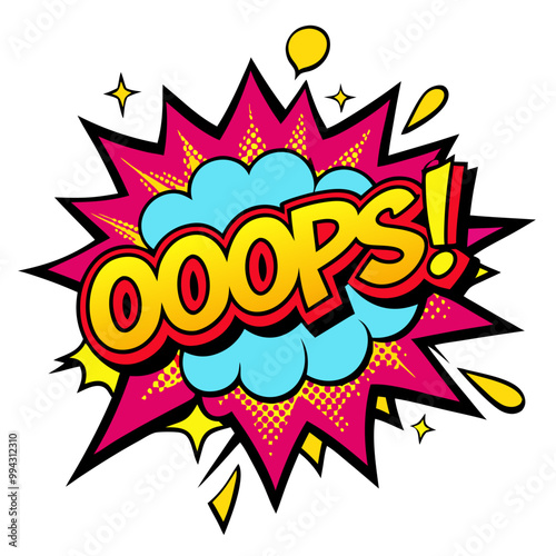 a colorful comic-style graphic with the word "OOOPS!!" in bold, yellow letters outlined in black and red. The text is set against a blue cloud-like shape with a red and pink starburst background
