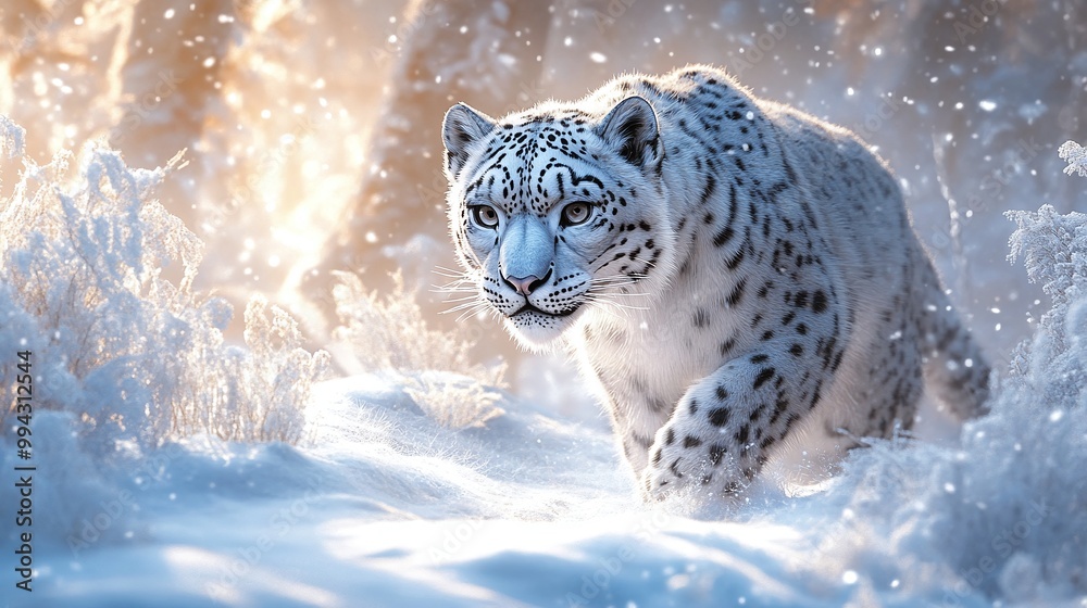 Obraz premium snow leopard roaming through a majestic winter wonderland, surrounded by the snowy mountains and serene wilderness, capturing the beauty and tranquility of nature and wildlife