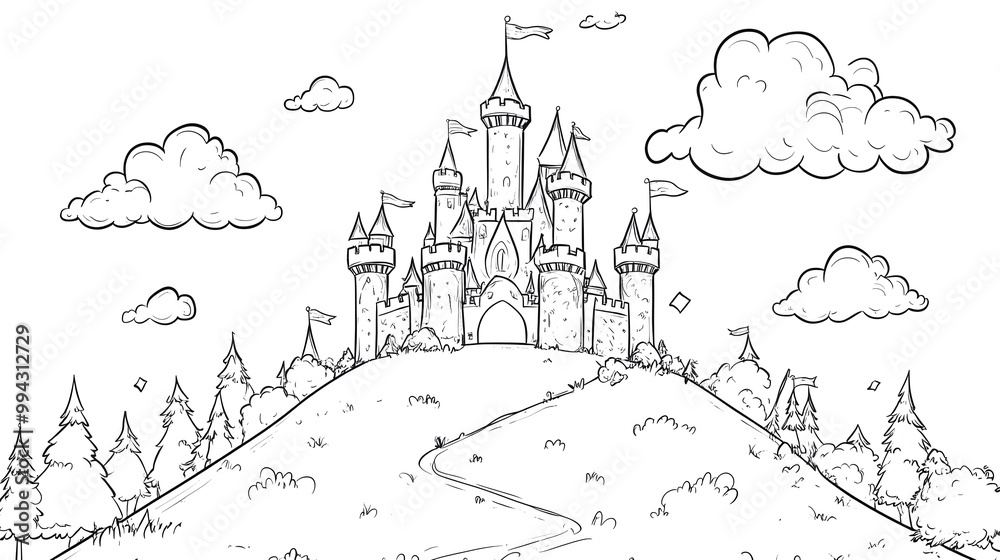 Magical Castle on a Hill with Flags and Towers Magical Castle on a Hill with Flags and Towers