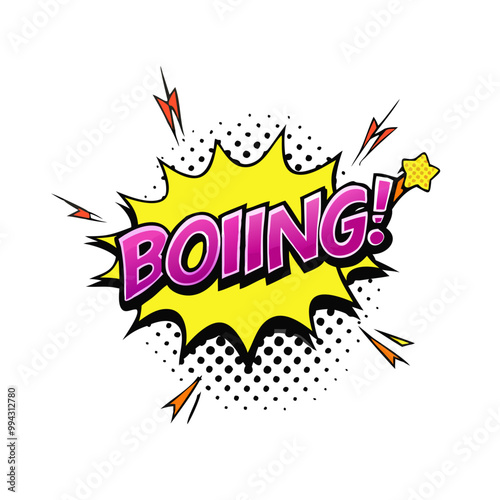 a comic-style graphic with the word "BOIING!" in bold, purple letters with a yellow outline. The text is placed over a yellow starburst shape with a black outline, giving it a dynamic, explosive appea