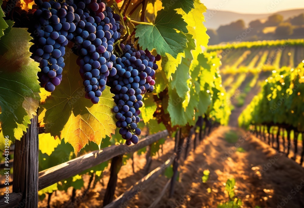 Fototapeta premium vibrant clusters grapes sunlit vineyard landscape showcasing lush foliage rich greenery inviting bounty, abundance, berry, blooming, bright, countryside