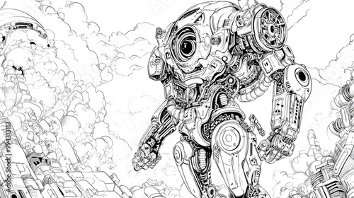 Detailed Mechanical Robot with Gears and Bolts in Futuristic Landscape