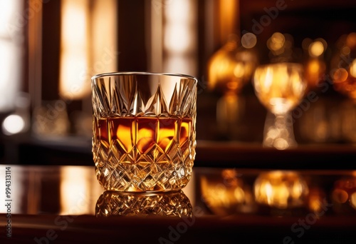 close whiskey glass showcasing intricate reflections crystal clarity polished surface, drink, beverage, spirits, alcohol, luxury, elegance, shine, detail