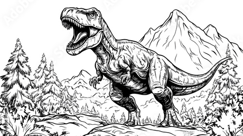 Roaring T-Rex Standing Tall with Mountains in the Background