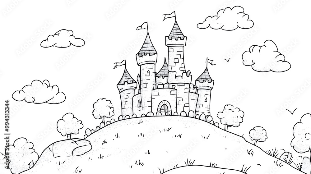 Fototapeta premium Magical Castle on a Hill with Flags and Towers