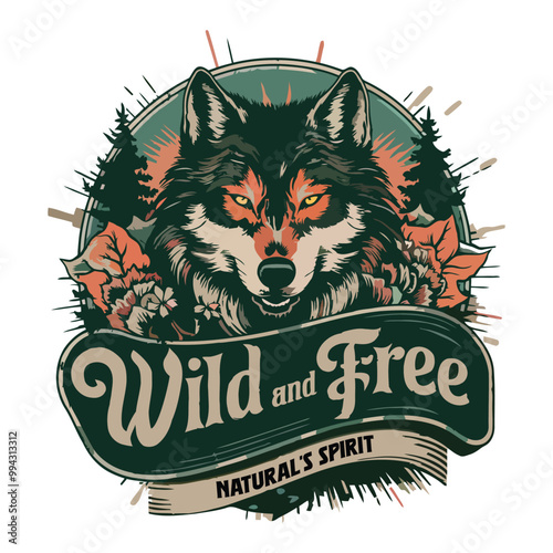 with wolf and typography label. Vintage style wolf logo. Prints of howling wolf. Unique design for t-shirts. Hand drawn wolf design.