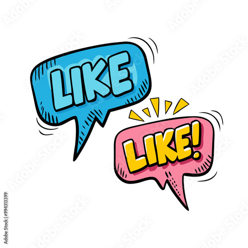 two comic-style speech bubbles. The first bubble is blue and contains the word "LIKE" in bold, capital letters. The second bubble is pink and contains the word "LIKE!" also in bold, capital letters