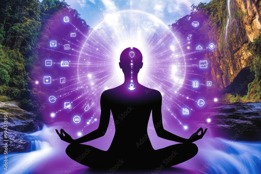 Meditative silhouette with digital aura in nature setting
