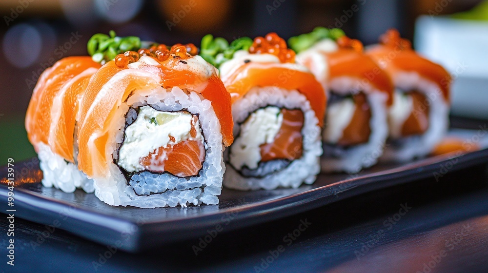 fresh sushi rolls and sashimi on a plate in a cozy restaurant, showcasing Japanese cuisine, gourmet flavors, and an inviting dining atmosphere fresh sushi rolls and sashimi on a plate in a cozy restaurant, showcasing Japanese cuisine, gourmet flavors, and an inviting dining atmosphere