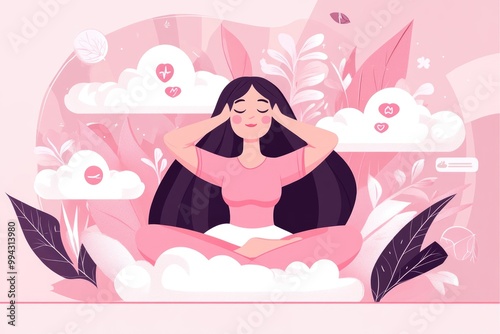 Serene woman meditating in pink nature-inspired digital art with cloud motifs