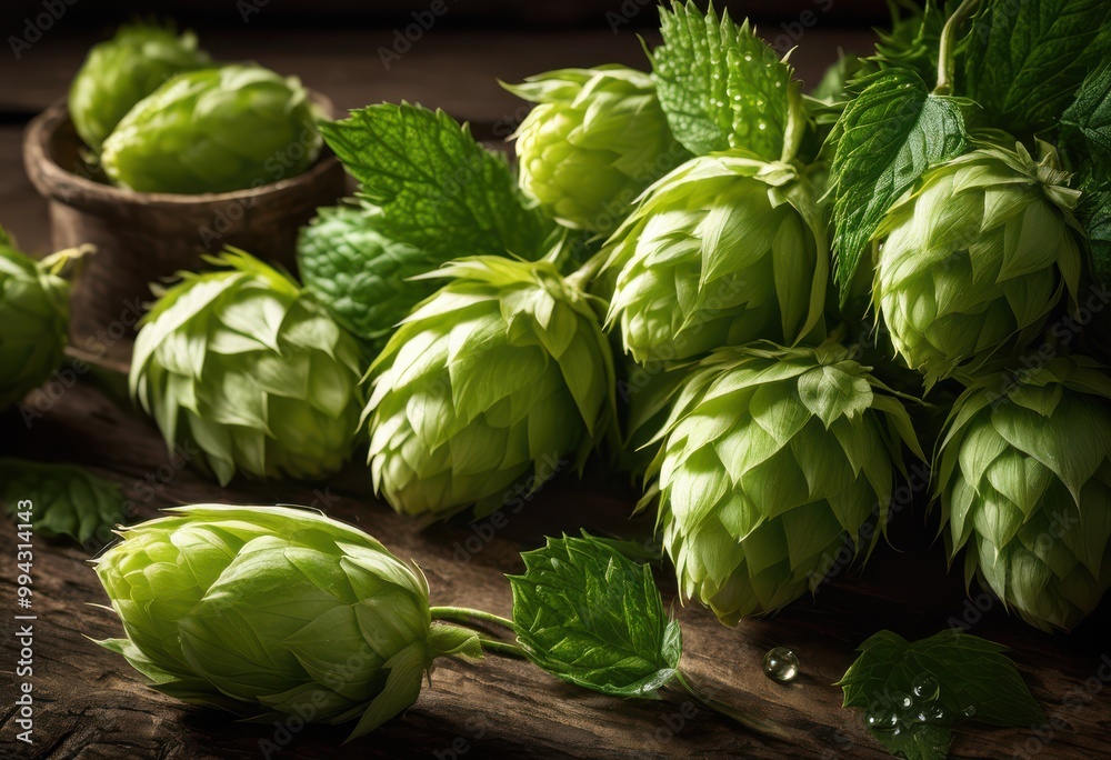 Obraz premium close vibrant fresh hops displayed rustic wooden table natural lighting, green, botanical, craft, beverage, agriculture, texture, background, aromas