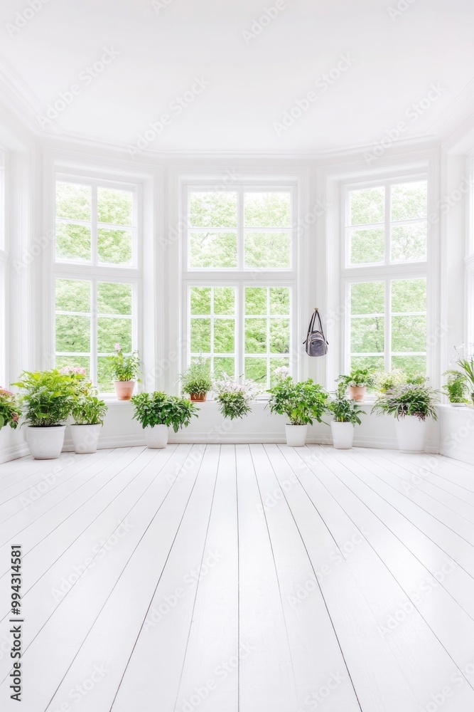 Fototapeta premium Bright minimalist interior with lush green plants and large windows