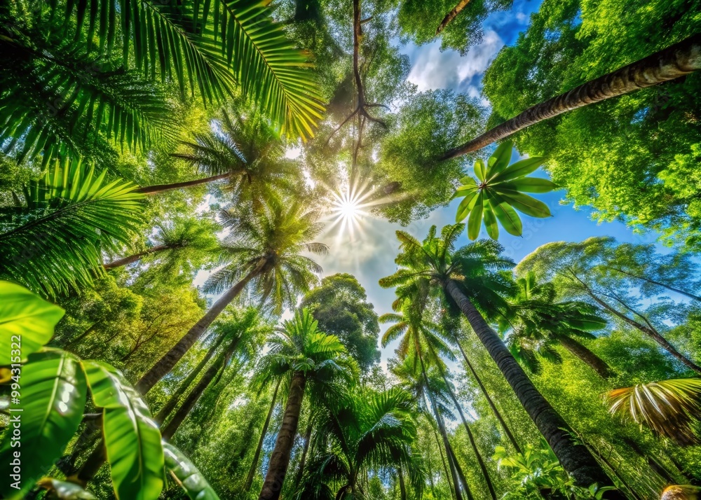 Obraz premium Lush Spiny Forest Canopy with Unique Flora and Fauna in a Tropical Ecosystem Under Bright Sunlight