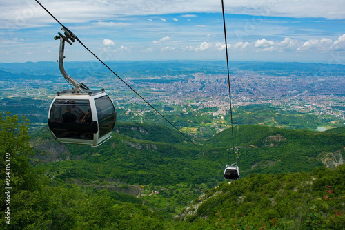 Cable cars ascend Mount Dajti from the Lower to Upper Station on Dajti Ekspres. They offer breathtaking panoramic views of the sprawling urban landscape & countryside below. Tirana, Albania