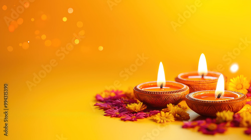 Celebrating Diwali: Hindu Festival of Lights Featuring Colorful Diya Oil Lamps on a Bright Yellow Background photo