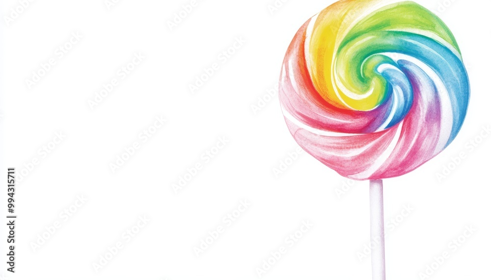 A bright, rainbow swirl lollipop with a watercolor effect, blending soft shades of pink, blue, green, and orange. A bright, rainbow swirl lollipop with a watercolor effect, blending soft shades of pink, blue, green, and orange.