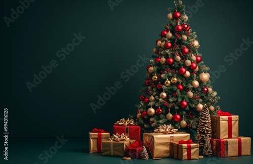 A beautifully decorated Christmas tree on blue background with copy space for text