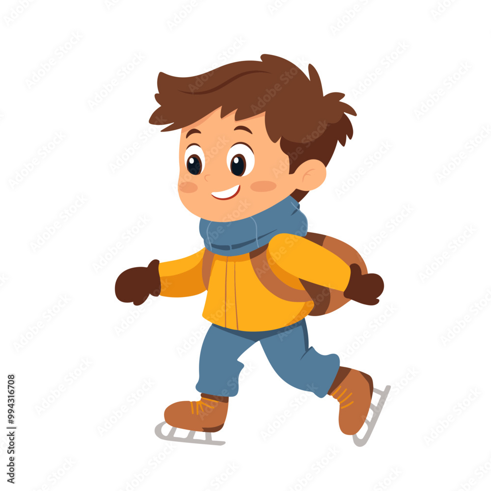 Smiling boy ice skating in winter clothes with a backpack Smiling boy ice skating in winter clothes with a backpack