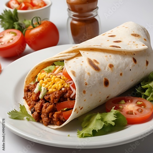 Delicious Classic Burrito with Fresh Ingredients assortment Served with some salad, Tasty delicious burrito wrap roll with meat, pepper, avocado, rice, beans