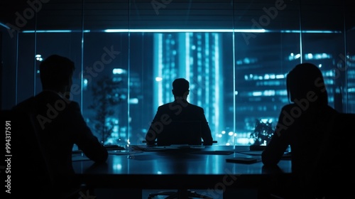 Silhouettes of Three Business Professionals in a Conference Room at Night