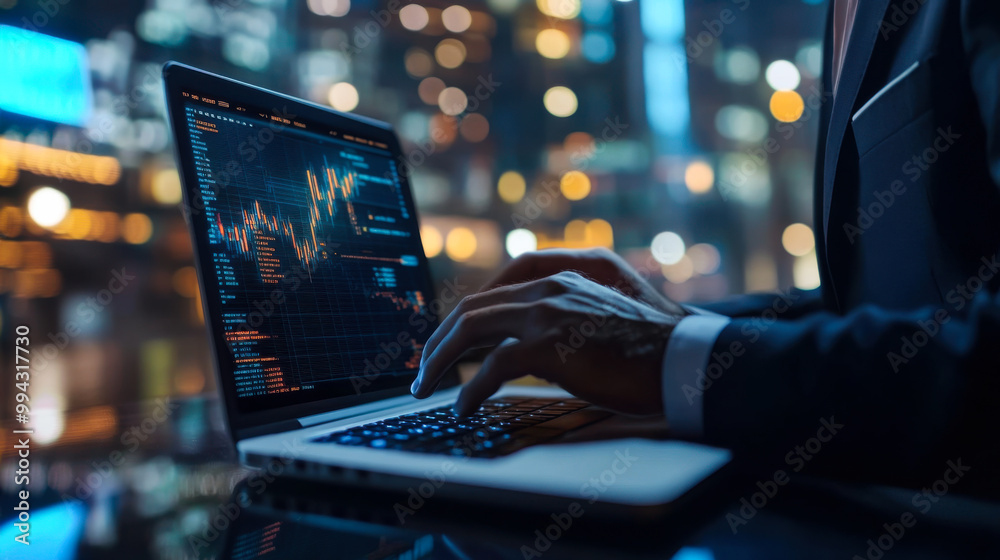 A person analyzing stock market data on a laptop at a sleek urban office during evening hours A person analyzing stock market data on a laptop at a sleek urban office during evening hours