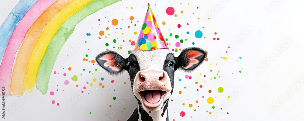 Fototapeta premium A joyful cow wearing a party hat, celebrating under a rainbow.