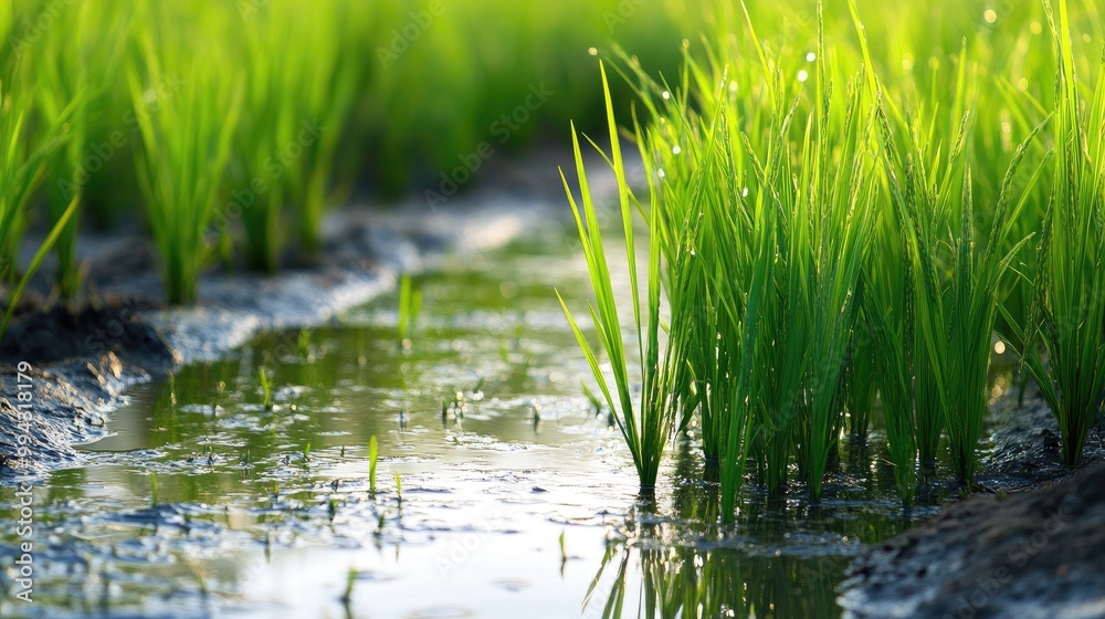 Beautiful close-up of green rice plants with clear water on the ground, creating a fresh and vibrant natural scene in a realistic background