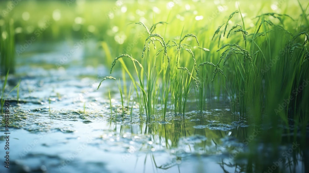 Obraz premium Close-up of green rice plants standing tall in a field with clear water covering the ground, captured in a serene, realistic setting