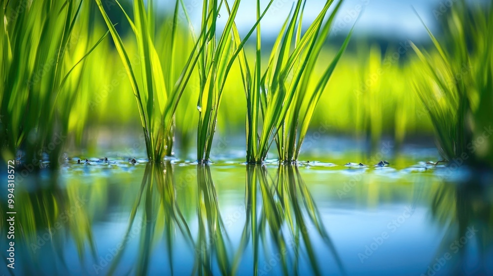 Obraz premium Close-up of rice plants in a field with clear water at their base, captured in a vibrant and realistic natural background