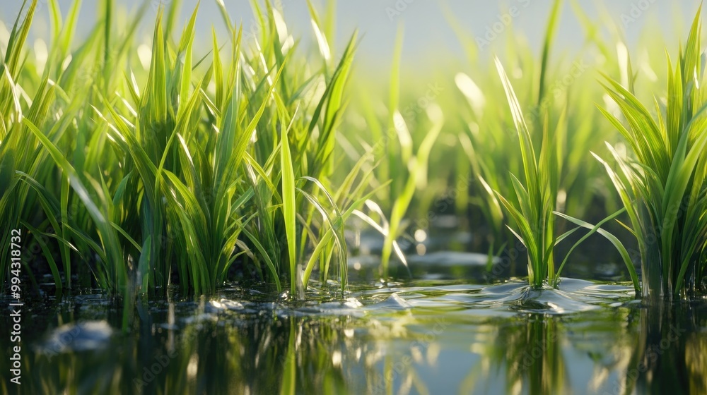 Obraz premium Detailed close-up of rice plants growing in a water-filled field, with clear reflections and a realistic, vibrant backdrop