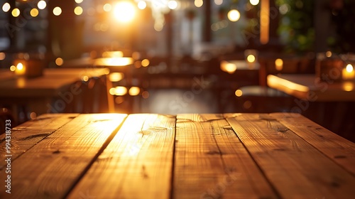 Empty wooden table with christmas theme in background, Warm Glow: A Cozy Evening at a Wooden Table