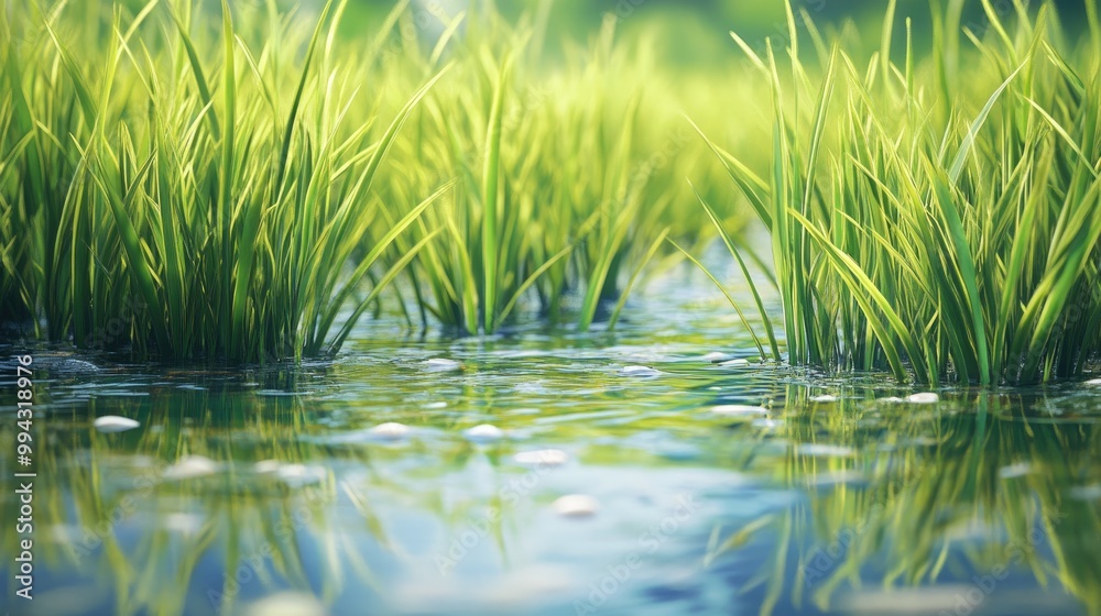 Obraz premium Stunning close-up of rice plants in a field filled with clear water, creating a serene and realistic farm landscape