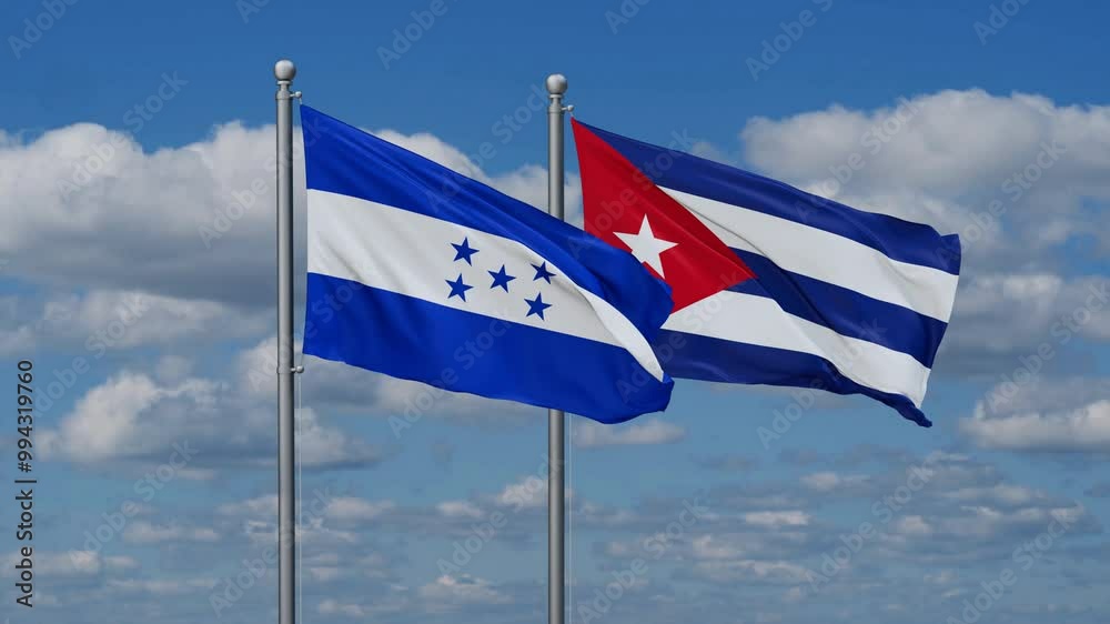 Cuba and Honduras flags flying together, video concept of the relationship, two country cooperation concept Cuba and Honduras flags flying together, video concept of the relationship, two country cooperation concept