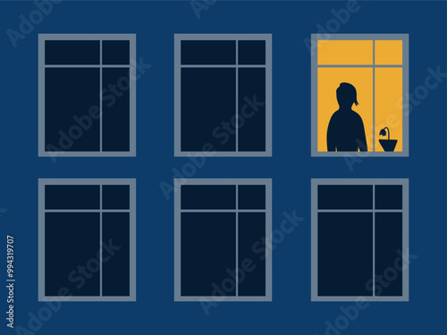 Blue building facade with windows. Light in the window, silhouette of a person. Vector illustration