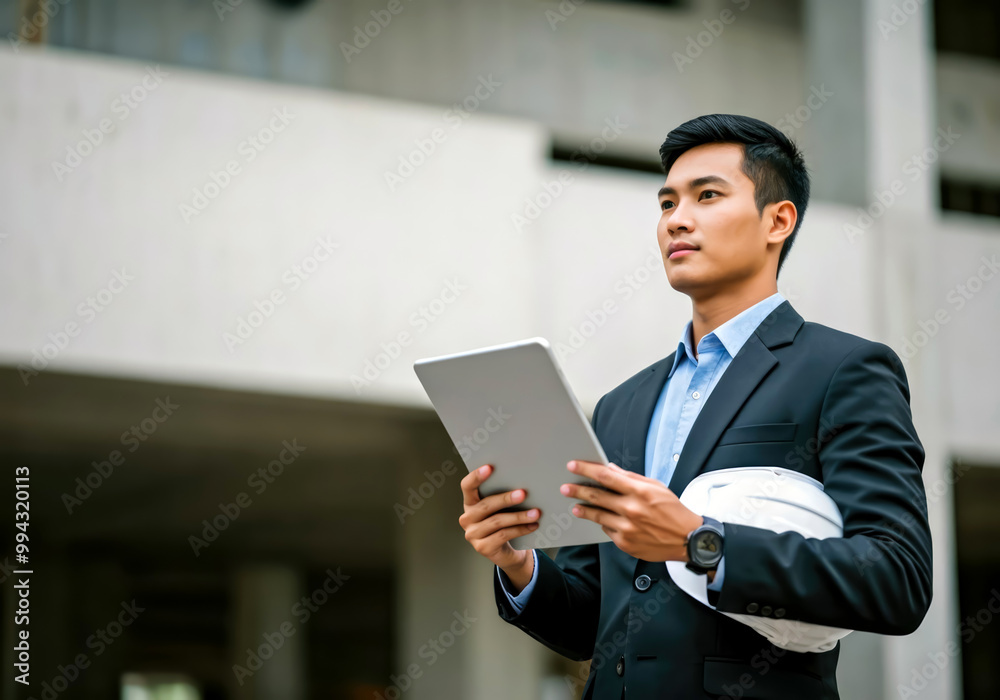 young man with tablet planing construction with building background young man with tablet planing construction with building background