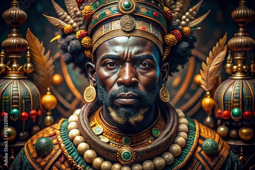 Majestic African Kings Depicted in Traditional Regalia Surrounded by Cultural Symbols and Artifacts