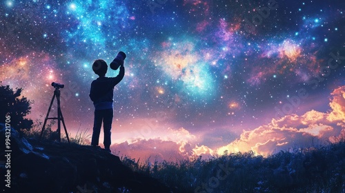 A Boy Gazing at the Night Sky with a Telescope