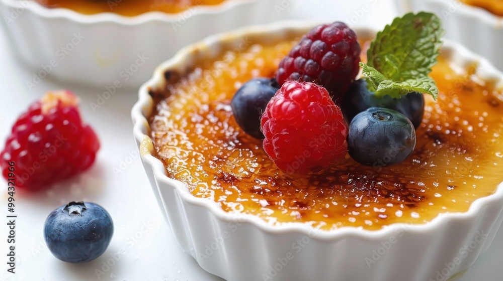 A dessert with blueberries and raspberries on top A dessert with blueberries and raspberries on top