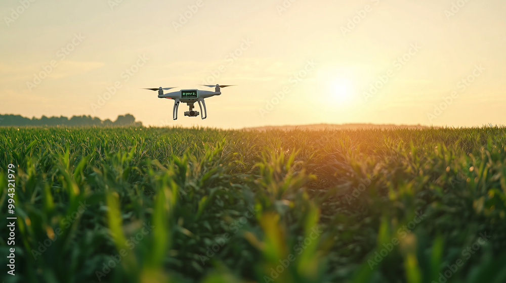 A drone is flying over a green field, observing crop health A drone is flying over a green field, observing crop health