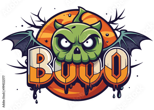 Halloween green skull with bat wings and BOOO text orange background, spooky seasonal design