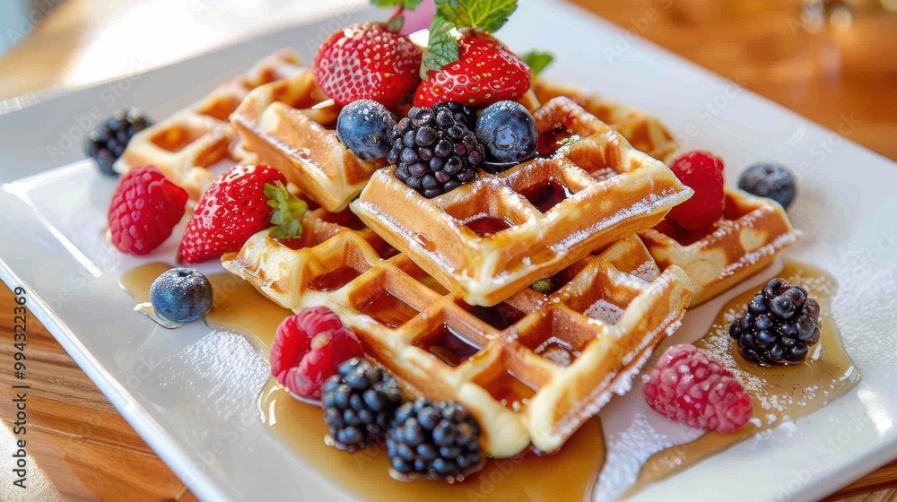 A plate of waffles with strawberries, blueberries, and raspberries A plate of waffles with strawberries, blueberries, and raspberries