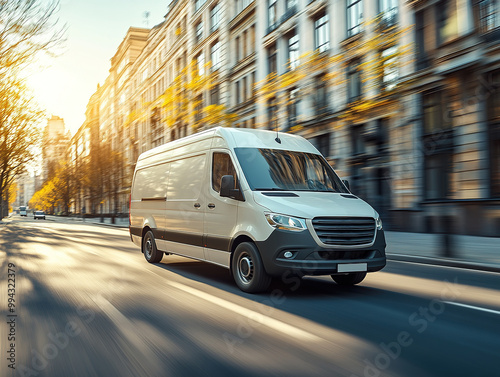 White modern delivery small shipment cargo courier van moving fast on motorway road to city