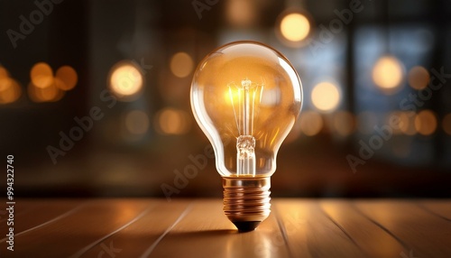 Glowing light bulb on the table, symbolizing innovation and bright ideas