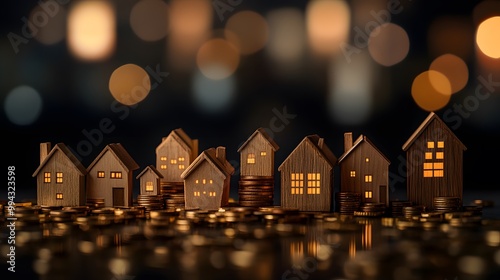 Miniature wooden houses on stacks of gold coins, symbolizing real estate investment, property value, and financial growth, ideal for economic and business concepts