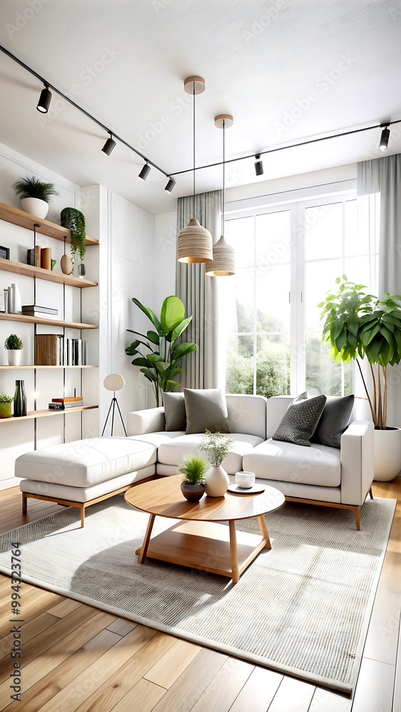 Fototapeta premium Home mockup, contemporary minimalist living room interior, 3d render, white Mock up frame