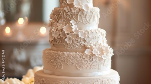 A white wedding cake with lace decorations sits on a table